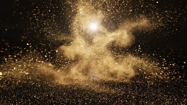 Seamless loop of thousands of shimmering gold particulate dust motes gracefully rising and converging toward a single bright light source in a dark void source, converging, graphics