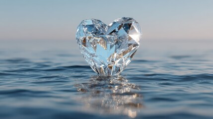 Fototapeta premium Crystal heart floats on calm water under bright sky during sunlight creating reflections and sparkles all around in a clear setting