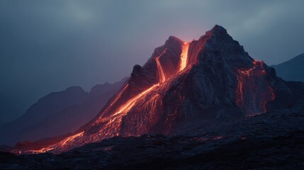 Lava flows from the volcano down the mountain during a cloudy evening creating a dramatic scene of nature's power