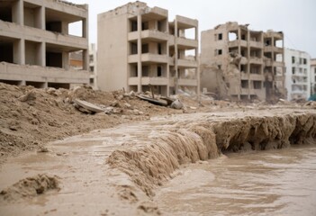 Residential area with homes tilted by soil liquefaction and water gushing out after an earthquake