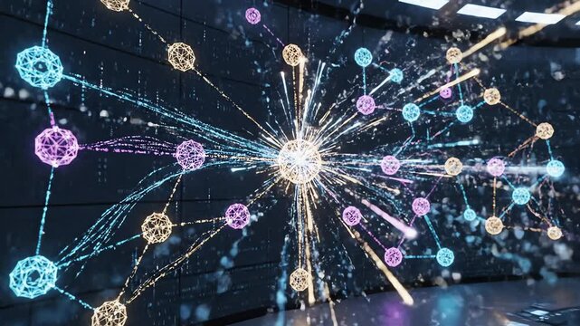Seamless loop of vibrant flowing digital data streams rapidly connecting nodes on a large, futuristic, interactive strategy wall display vibrant flowing digital data streams, connectivity, fiber optic