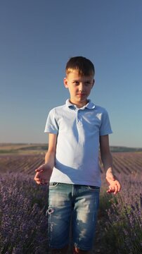 Boy lavender field happy raises hands celebrating freedom and joy under blue sky Vertical video
