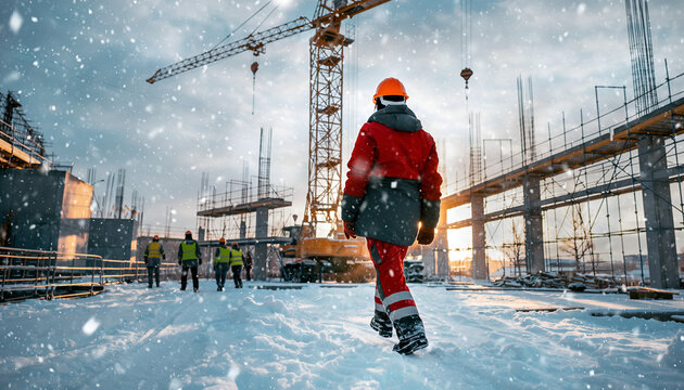 Construction Worker in Winter Snowstorm at Building Site.