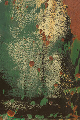 Detail of rusty metal sheet with green and black flaking paint
