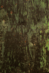Black painted rusty metal panel with splashes of green paint