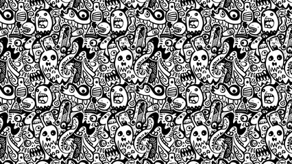 Spooky skull and bird pattern in black and white