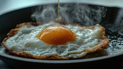 Fried egg sizzling dramatically as liquid pours over glossy golden center with steam rising from hot surface and crispy browned edges