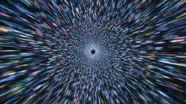 Seamless loop of multicolored high-speed data streams flowing rapidly through an abstract digital tunnel symbolizing massive bandwidth and connection tech utility, energy, fast