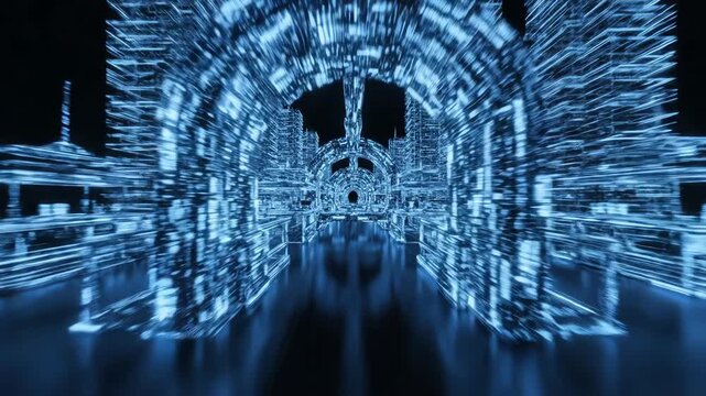 Seamless loop of glowing electric blue geometric lines mimicking futuristic architectural marketplace structures shifting and scrolling digitally graphic element, sci fi