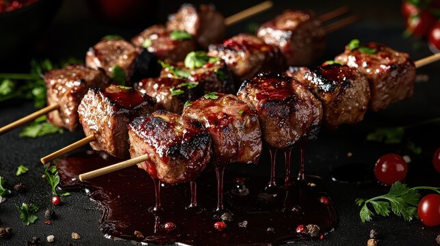 Marinade coating meat grilled lamb cubes skewers dark glaze dripping flowing burgundy red sauce glossy caramelized surface sesame seeds herbs dramatic lighting