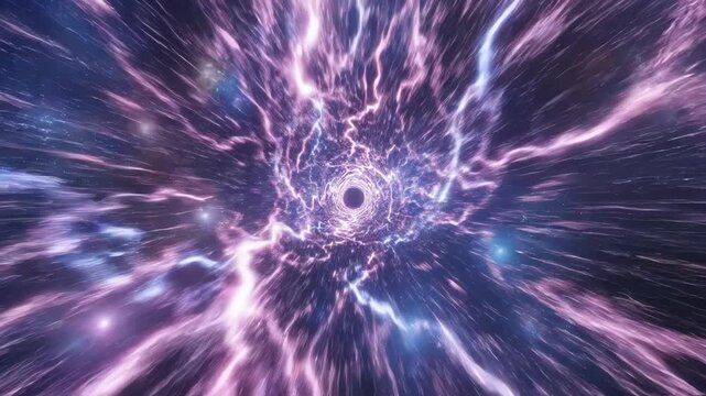 Seamless loop of glowing plasma energy rapidly connecting two distinct dimensions via a brightly colored animated hyperspace conduit movement, temporal, space