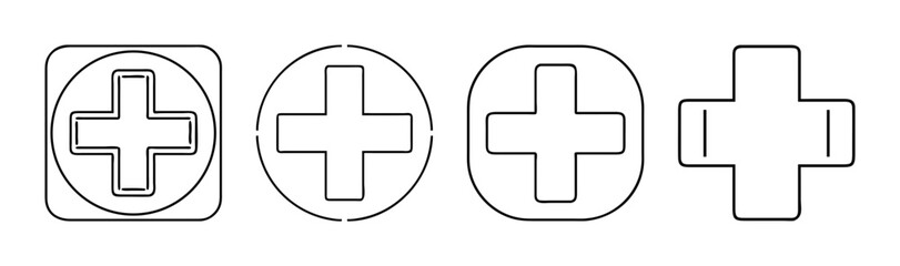 Obraz premium Various styles of line art plus sign icons for add, medical, or user interface functions