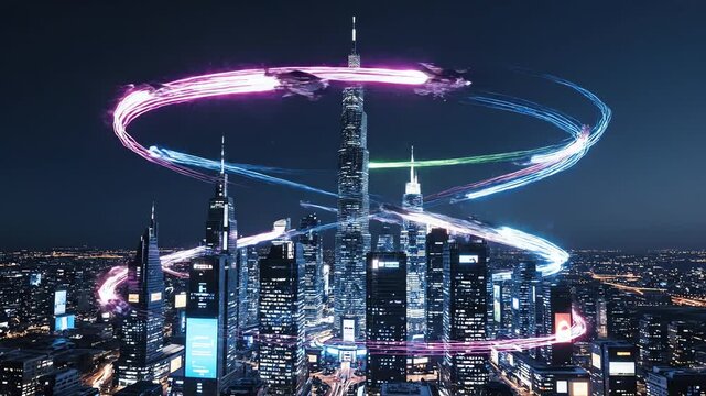 Seamless loop of neon glowing automated flying vehicles tracing intricate patterns across a dark technologically advanced megacity skyline at midnight movement, urban, animation