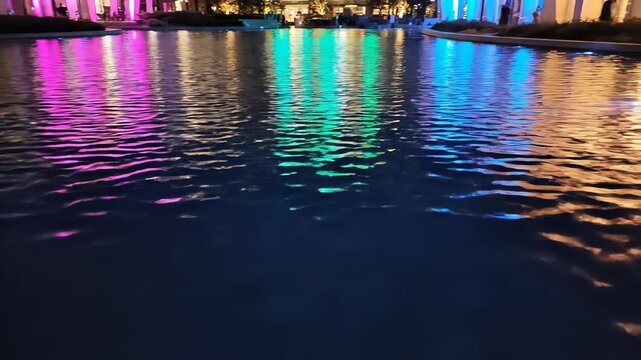 Seamless loop of multicolored architectural lighting shimmering and shifting across the deep blue surface of a tranquil water feature at night seamless, liquid, reflection