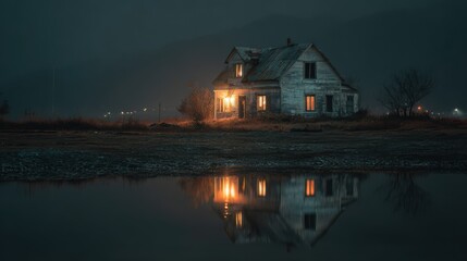Fototapeta premium Old house near water at night with lights shining through windows and reflection on the surface