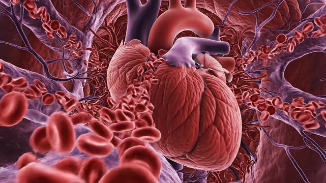 Seamless loop of microscopic blood flow visualized in high detail through animated capillary structures near a large central heart organ cellular, microscopic, detailed