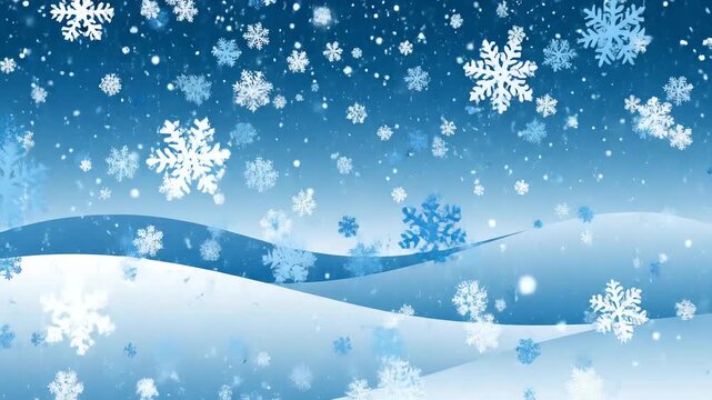 Seamless looping abstract animation of digital stylized snowflakes descending quickly over simplified blue and white gradient winter hill shapes suitable for clean corporate backgrounds movement