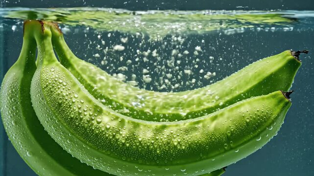 Seamless loop of vibrant green banana clusters submerged halfway in clear bubbling water creating mesmerizing ripple and liquid light patterns clean, organic, ecology