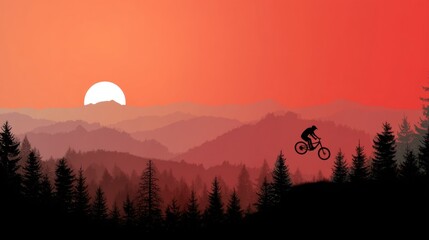 Male mountain biker silhouette jumping in the air in a scenic forest landscape with red sky and misty mountains during sunset or sunrise