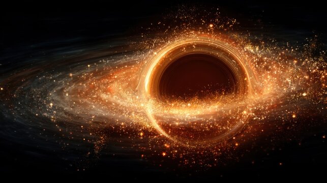 Glowing black hole surrounded by swirling galaxy of golden particles. Cosmic phenomenon with abstract light and gravity concept for science theme. - Powered by Adobe
