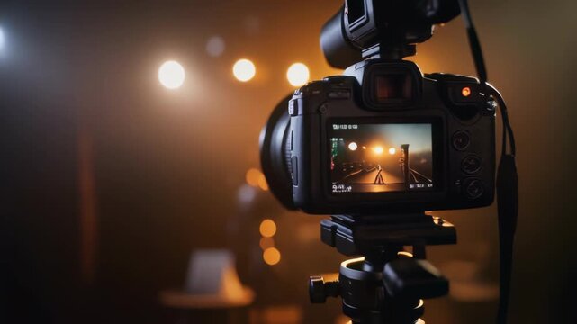 Close-up of digital camera on tripod during filming with warm backlighting, concept for content creation, videography studio and professional media production