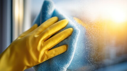 Woman hand in yellow protective glove cleaning dirty window glass with blue micro fiber rag. Housework and spring cleaning routine.