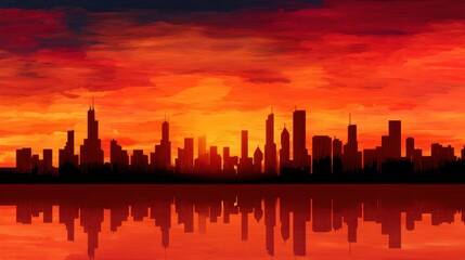 Fototapeta premium City skyline silhouette with reflection on water against a fiery sunset or sunrise sky, urban landscape for travel and tourism concept.