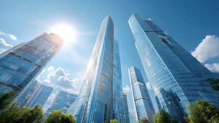 Plakat Modern glass skyscraper building reaching skyward with bright sun, symbolizing business success and corporate finance in contemporary city architecture.