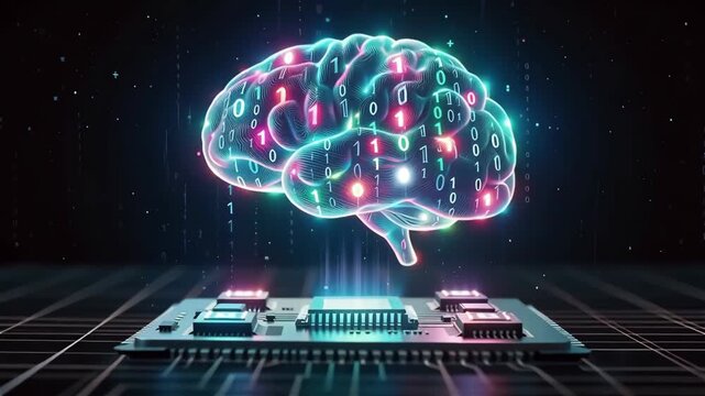 A digital brain over a circuit board emitting colorful binary data.