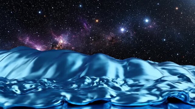 Seamless loop of vibrant sapphire liquid metal flowing like an undulating abstract cosmic wave in zero gravity shiny, background, smooth