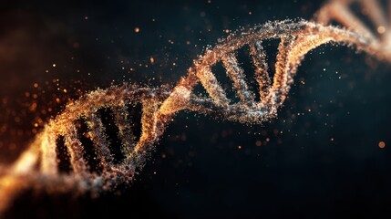 Abstract glowing DNA double helix structure made of tiny particles. Science and medicine concept for biotechnology research and genetic engineering background.