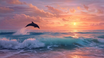 Naklejka premium A dolphin jumping out of the ocean water at sunset. Nature background of an animal in the sea for concepts of freedom, marine life and travel.