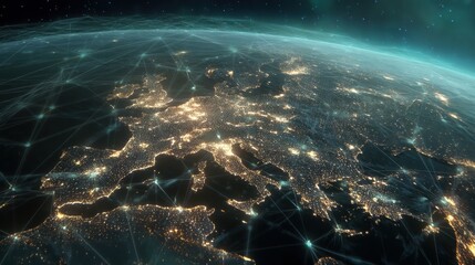 Earth from space with illuminated city lights and global network connection. World map showing communication and data exchange.
