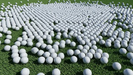 Seamless loop of numerous white golf balls continuously falling and settling onto vibrant green synthetic turf creating a repeating pattern many, background - Powered by Adobe