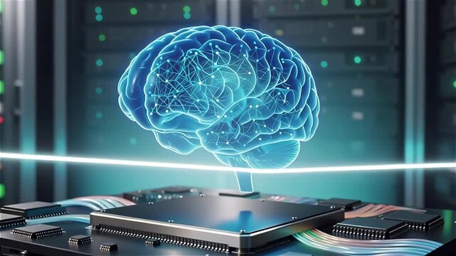 A digital brain hovering above a circuit board in a futuristic server environment.