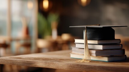 Obraz premium Black graduation cap with gold tassel on a stack of book for academic achievement and educational success concept.