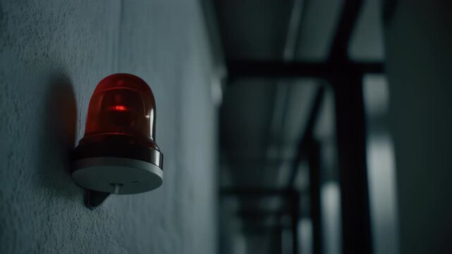 Close-up of a bright red flashing emergency alarm strobe light mounted on a textured wall in a dimly lit industrial corridor, concept for security alerts, hazard warnings and safety protocols