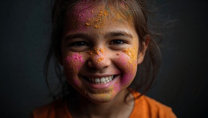 Close-up portrait of a joyful young girl covered in vibrant Holi powder, with dramatic lighting and a dark blurred background enhancing festive colors.