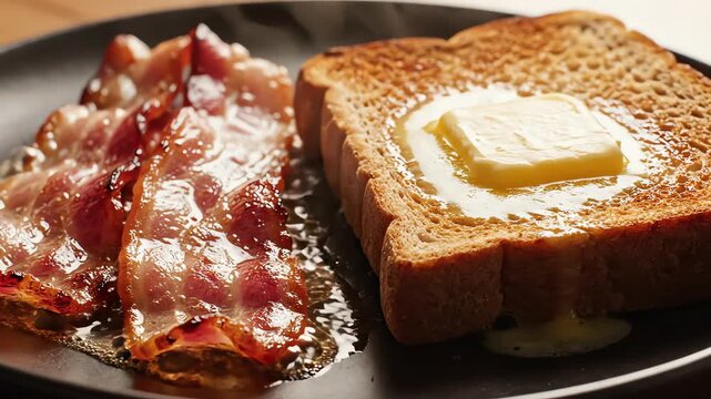 Seamless loop of sizzling crisp bacon texture resting beside golden buttered toasted bread on a dark breakfast ceramic plate seamless video, detailed shot, breakfast ingredient