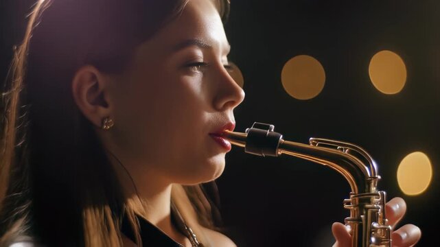 Close-up profile of a young female musician intensely playing a golden alto saxophone with warm bokeh lights, concept for live performance, musical education and jazz club advertising