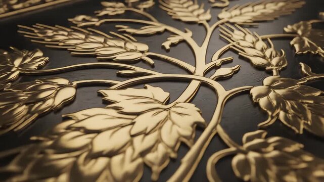 Seamless loop of intricate golden metal engraving patterns featuring stylized barley stalks and flowing hop vines expanding across a dark background barley, patterns, history