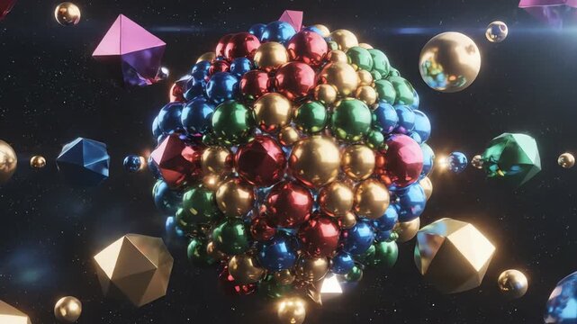 Seamless loop of multicolored interlocking abstract geometric shapes dynamically connecting and pulsing, representing teamwork and global unity geometric, graphics, shapes