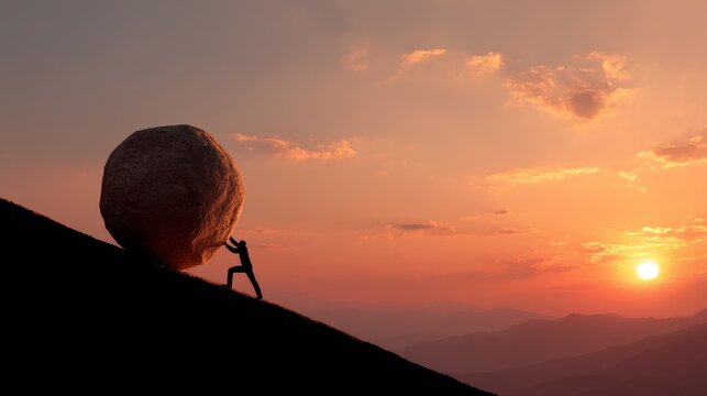 Man pushing large rock up hill at sunset. Concept of hard work, challenge, and determination for business and personal growth.