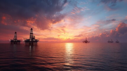 Fototapeta premium Offshore oil drilling rigs operating at sea during a vibrant sunset with a scenic view. Energy industry concept for fossil fuel production.