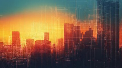 Futuristic cityscape abstract with digital grid overlay at sunset - Powered by Adobe