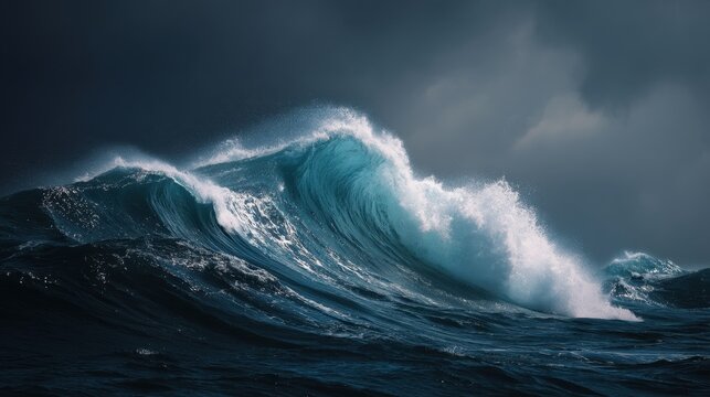 Large powerful ocean wave with white foam breaking in harsh weather. Deep blue water pattern for nature, danger, and surfing concept poster.