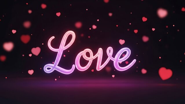 Neon love sign with pink hearts on dark background