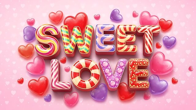 Colorful candy and heart decorations forming sweet love text on pink background - Powered by Adobe