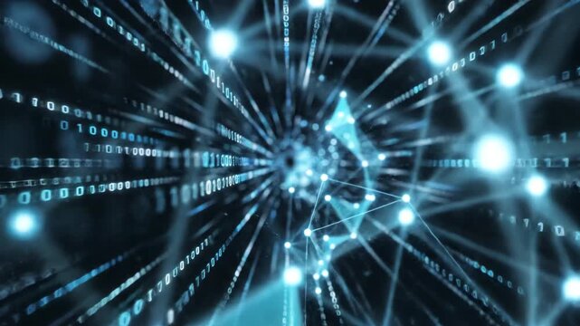 Seamless loopable motion graphic of abstract binary data streams and geometric network connections flowing rapidly through a sleek digital environment web development, technology, tech