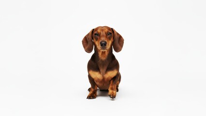 A charming little dachshund dog looking directly at the viewer on white